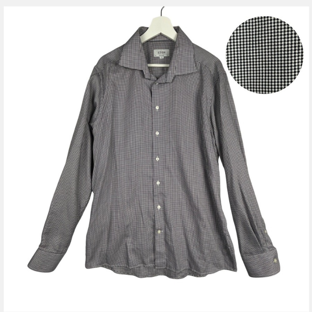 Eton Shirt Mens XL Contemporary Fit Black White Houndstooth Cotton‎ Long Sleeve